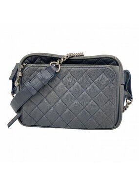 Chanel Shoulder Bag Quilted Caviar Leather Navy Silver